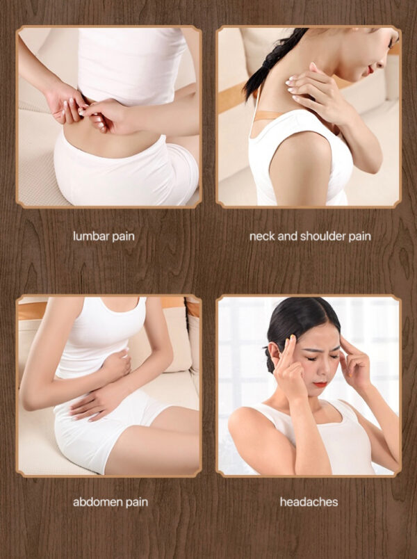 A woman experiencing discomfort in the neck, shoulders, head, lower back, and abdomen - areas where moxibustion can provide relief.